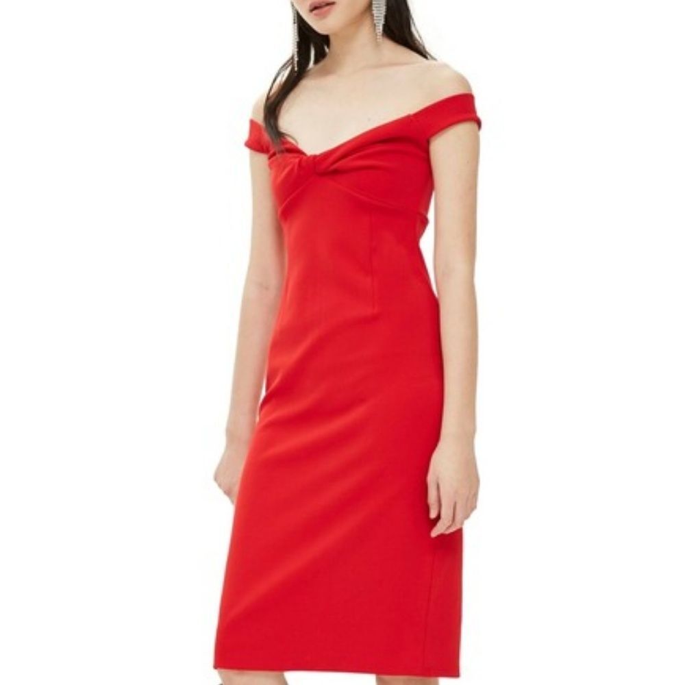 Red Topshop Off-The-Shoulder Twist-Front Midi Sheath Dress (NWT)